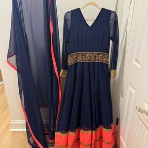 💙 Navy Blue Anarkali Suit with Coral Border & Embroidered Waist – Size 36